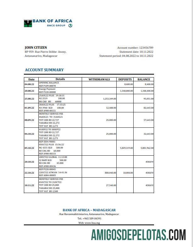 Extrato bancário em branco do Madagascar Bank Of Africa modelo Excel e PDF